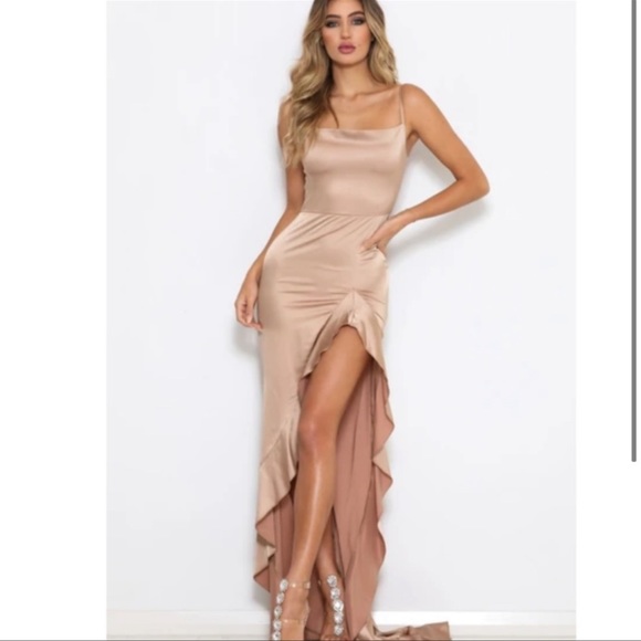 Abyss By Abby Dresses & Skirts - Abyss by Abby Japonais Satin Ruffle Gown Rose Gold Maxi Dress Sz S NWT
